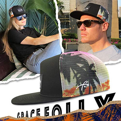 Grace Folly Trucker Hat for Men & Women. Snapback Mesh Caps - color: Sunset Beach