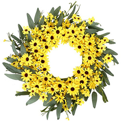 JINGHONG Yellow Spring Wreath 22 Inch Summer Wreath with Sunflower and Daisy Flower Wreaths for Front Door Window Wall Decoration and Indoor Outdoor Decor
