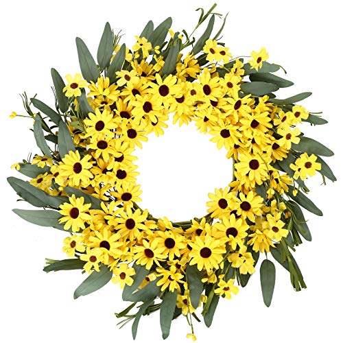 JINGHONG Yellow Spring Wreath 22 Inch Summer Wreath with Sunflower and Daisy Flower Wreaths for Front Door Window Wall Decoration and Indoor Outdoor Decor