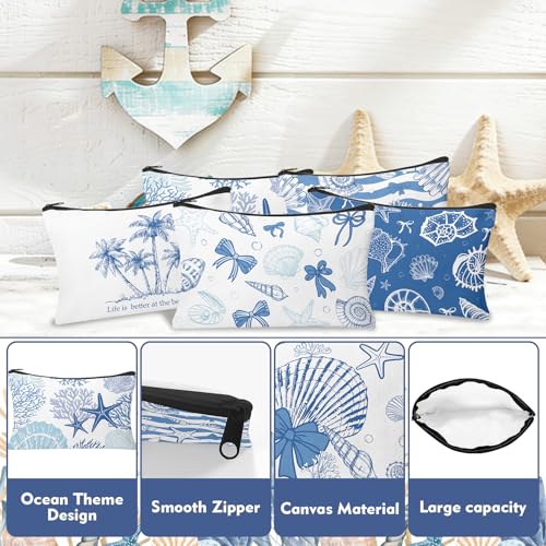 30 Pcs Coastal Makeup Bags Blue Bow Seashell Makeup Bag Ocean Themed Cosmetic Bags Bulk Portable Travel Toiletry Pouches Beach Gifs for Women Nautical Party Favors Beach Accessories - style: Ocean