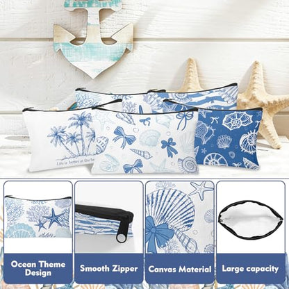 30 Pcs Coastal Makeup Bags Blue Bow Seashell Makeup Bag Ocean Themed Cosmetic Bags Bulk Portable Travel Toiletry Pouches Beach Gifs for Women Nautical Party Favors Beach Accessories - style: Ocean