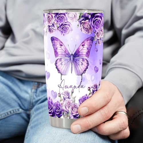 Personalized Christian Tumbler Purple Butterfly Travel Coffee Mug Insulated Cup with Lid Stainless Steel 20 30 oz Religious Gifts for Women Friend Sister Aunt Christmas Birthday - color: Christian 379