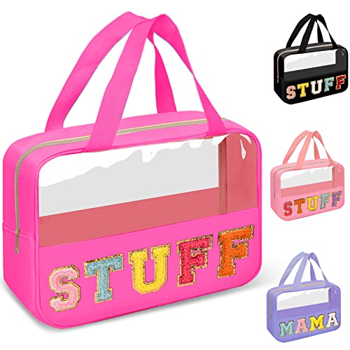 Chenille Letter Clear Makeup Bags Stuff Tote, Preppy Patch Makeup Bag Zipper with Handle, Waterproof PVC & Nylon Portable Glitter Large Cosmetic Travel Toiletry Storage for Women Girls(STUFF-Rose) - color: STUFF-Rose