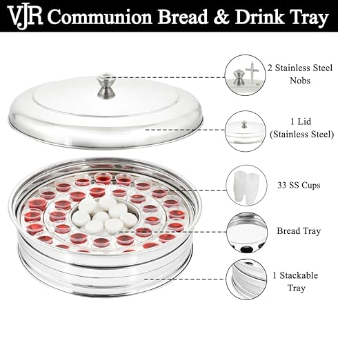 VJR Communion Tray for Churches with Lid, 33-Cup Stainless Steel Communion Set with Reusable Cups, Stackable Church Communion Serving Tray with Bread Plate, Silver, Rust Resistant - style: Bread Plate set 1