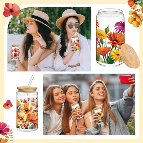 Mumufy 4 Pack Oil Flower Glass Cup, 16 oz Tumbler Mug with Bamboo Lid - style: Oil Flower