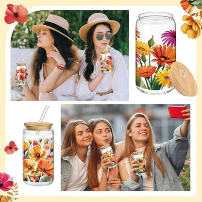 Mumufy 4 Pack Oil Flower Glass Cup, 16 oz Tumbler Mug with Bamboo Lid - style: Oil Flower