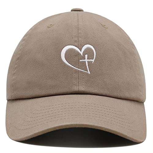 JPAK Heart and Cross Premium Dad Hat Embroidered Cotton Baseball Cap Christian Faith - color: Khaki