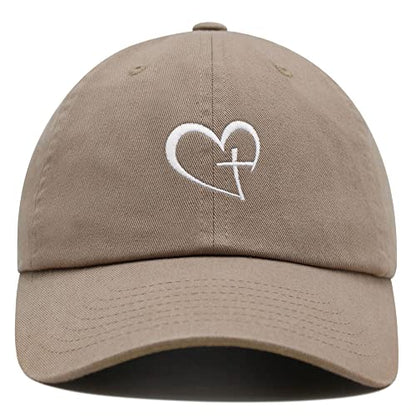 JPAK Heart and Cross Premium Dad Hat Embroidered Cotton Baseball Cap Christian Faith - color: Khaki
