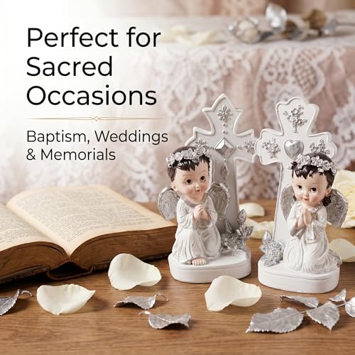 Angel Figurines Set of 2 Praying Cherub Angel Statues with Cross Backdrop White and Silver Resin Tabletop Shelf Decor for Baptism Memorial Wedding Christian Home