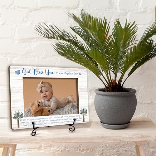 Gihyan Baptism Picture Frame, God Bless You Wooden Photo Frame, Blessing Gifts For Son From Mom Dad, Baby Boy Baptism Gifts From Godfather Godmother, Christian Frame With Stand-60 - color: Boy