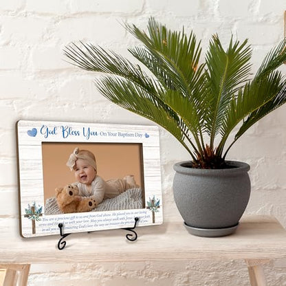Gihyan Baptism Picture Frame, God Bless You Wooden Photo Frame, Blessing Gifts For Son From Mom Dad, Baby Boy Baptism Gifts From Godfather Godmother, Christian Frame With Stand-60 - color: Boy