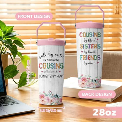 Hiboss Cousin Gifts for Women, Cousin Tumbler with Handle and Flip Straw 28oz, Insulated Stainless Steel Travel Cup Mug, Birthday Gifts for Female Cousins Sisters Friends - color: Cousin