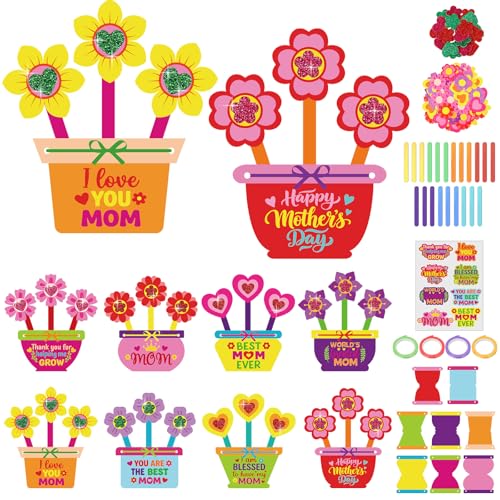 Frienda 48 Set Mother's Day Crafts Kit for Kids Happy Mother's Day Flower Pot Mom Make Your Own Flowers Pot Craft DIY Floral Paper for Classroom Activities Mothers Gifts Spring Party Favors - style: Flower Pot