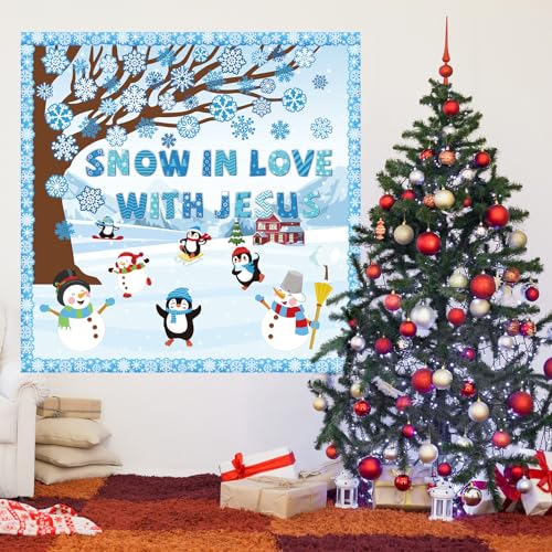Winter Bulletin Board Decoration Set with Background Paper & Borders Cutouts for Christian Sunday School Classroom Church Decor Christmas Snow in Love with Jesus Bulletin Board Craft Home Wall(Winter) - style: Snow in Love with Jesus