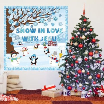 Winter Bulletin Board Decoration Set with Background Paper & Borders Cutouts for Christian Sunday School Classroom Church Decor Christmas Snow in Love with Jesus Bulletin Board Craft Home Wall(Winter) - style: Snow in Love with Jesus