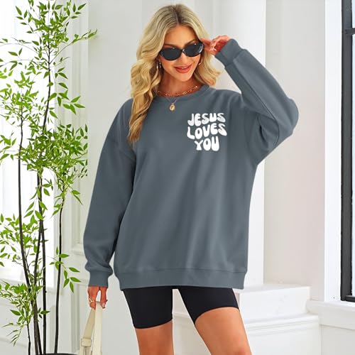 Christian Sweatshirts Women Jesus Loves You Sweatshirt Faith God Shirts Religious Hoodie Oversized Crewneck Pullover - color: Deep Gray, size: Large