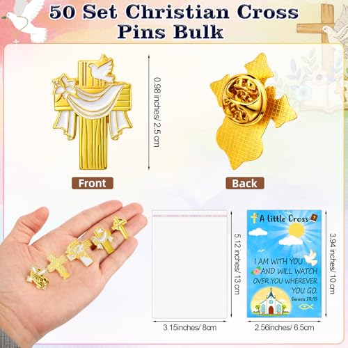 Suncalla 50 Set Christian Cross Pins Bulk with Bible Verse Cards and Bags, Gold Religious Enamel Lapel Brooch Badges for Women Men Church Visitor Gifts Sunday School Prizes Easter Favors