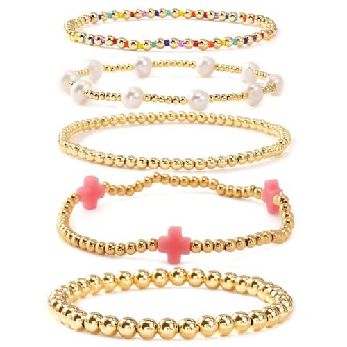 Gold Beaded Bracelets Stack for Women Stackable 14K Gold Plated Beads Ball Cross Bracelet Boho Christian Jewelry Faith Friendship Birthday Gifts for Women - color: Pink-2