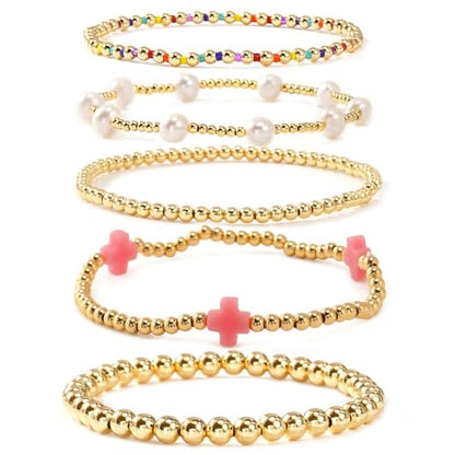Gold Beaded Bracelets Stack for Women Stackable 14K Gold Plated Beads Ball Cross Bracelet Boho Christian Jewelry Faith Friendship Birthday Gifts for Women - color: Pink-2