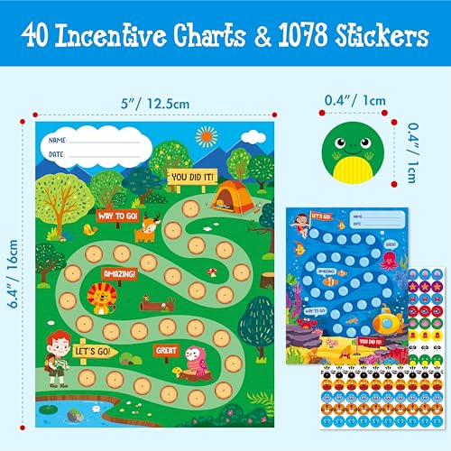 40 Pack Incentive Chart, 2 Adorable Designs with 1078 Stickers, Classroom Family Reward Chart System for Kids Homework Assignments, Attendance, Good Behavior, Chores, Potty Training Progress - style: Forest and Ocean
