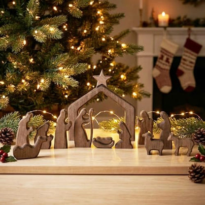 FESTGLOX Wooden Nativity Set Indoor, 13Pcs Small Christmas Nativity Scene - color: Nativity-13 Pieces