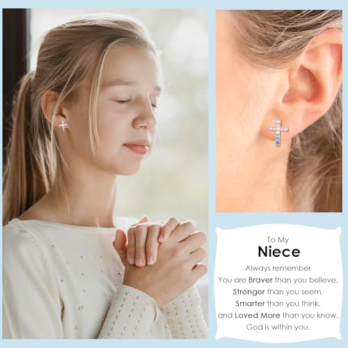 CERSLIMO Cross Earrings for Girls Kids, Christian Confirmation Communion Baptism Catholic Religious Christmas Birthday Inspirational Gifts for Women Teens Teenager Granddaughter Goddaughter - style: Niece Gifts