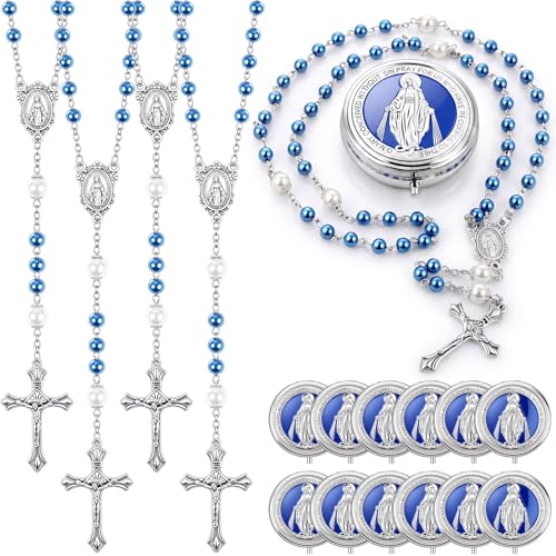 Jadive 24 sets Catholic Rosary Necklace, 6mm Glass Pearl Beads 8mm Our Father Bead Metal Gift Box for Women Men Prayer Gift - color: Blue