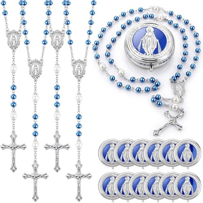 Jadive 24 sets Catholic Rosary Necklace, 6mm Glass Pearl Beads 8mm Our Father Bead Metal Gift Box for Women Men Prayer Gift - color: Blue