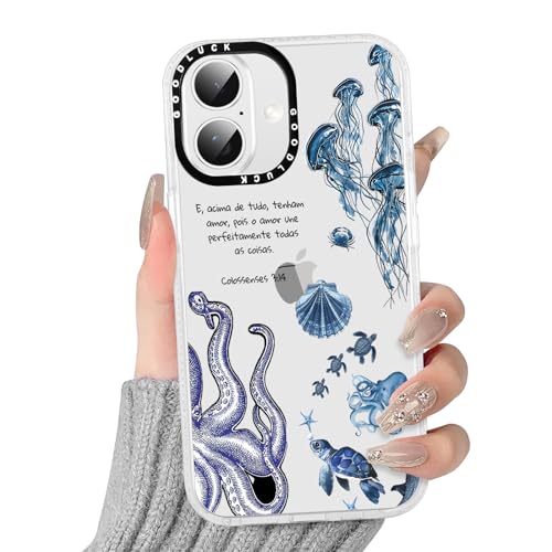 for iPhone 16 6.1'' Clear Ocean Bible Verse Christian Phone Case, Jesus Faith with Jellyfish Octopus Turtle Summer Design, Shockproof Anti-Yellowing Protective Cover for Women Girls - color: Jellyfish Octopus Bible, size: iPhone 16
