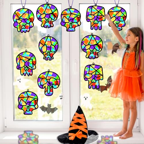 Lonfliness 32 Sets Sugar Skull Suncatchers Crafts Kit DIY Day of The Dead Window Stained Glass Effect Paper Halloween Dia de Los Muertos Easter Art Craft Creative Activity Project Gift Favor - style: Halloween Skull