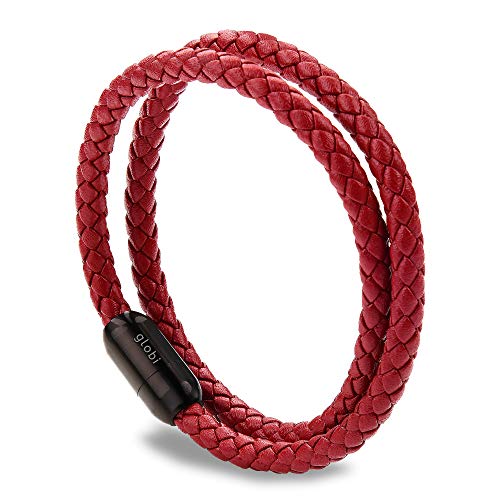 globi Leather Bracelet For Men | Genuine Wrap Braided Leather Cuff Bangle Bracelet with Magnetic Stainless Steel Clasp For Men/Women - color: Red