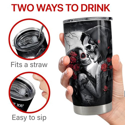 SANDJEST Skull Couple Tumbler 20oz Stainless Steel Insulated Coffee Travel Cup Tumblers Gifts for Wife Husband Boyfriend Girlfriend on Birthday Christmas Valentines Anniversary - color: Couple