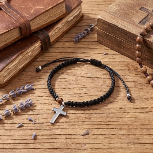 Christian Gifts for Women Men,Adjustable Religious Cross Brided String Faith Bracelet,Minimalism Catholic Baptism Accessories Jewelry Gifts Friendship - color: Black