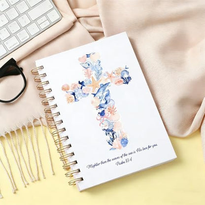 Cross Bible Journal Notebook, Christian Gifts for Women, Seashell Christian Spiral Note Book, Psalm 93:4 Religions Gifts Hardcover Journaling for Church Notes 5.5x8.3 Inch - color: Seashell Cross
