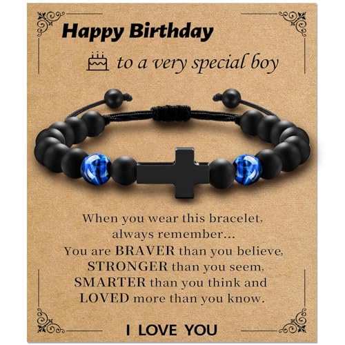 Boys Cross Bracelet, Adjustable Tiger Eye Bead Bracelet - color: B-Birthday