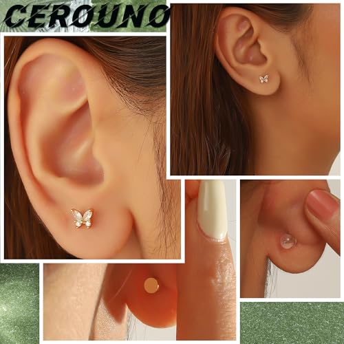 CEROUNO Flat Back Stud Earrings - 925 Sterling Silver Post Flatback Earrings Gold Silver Cubic Zirconia Earrings Studs for Women - color: Gold Butterfly