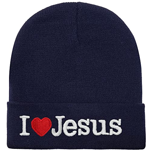 I Love Jesus Beanie Hat Ski Cap All Seasons Embroidered Solid Color - color: Navy