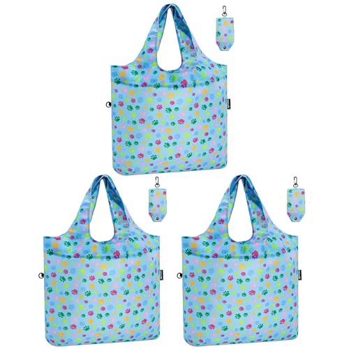 HOLYLUCK Reusable Grocery Bags,Heavy Duty Foldable Shopping Tote Bag (Standard, 3 Blue Dog Paw Prints) - color: 3 Blue Dog Paw Prints, style: Standard