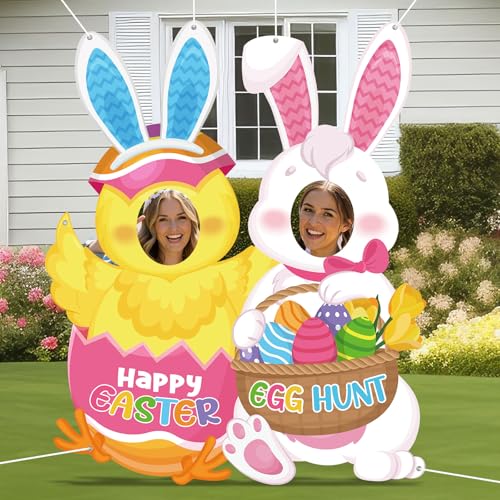 WovWeave Easter Decorations Face Hole Banner Large Polyester Backdrop for Egg Hunt Party Supplies Funny Spring Holiday Photo Prop with Grommets Washable Hanging Wall Background for Family Guests - style: Easter