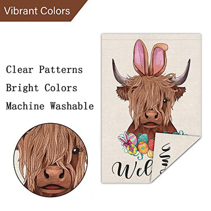 Louise Maelys Happy Easter Garden Flag 12x18 Double Sided Burlap, Small Vertical Highland Cow Welcome Yard for Spring Outdoor Outside Decoration