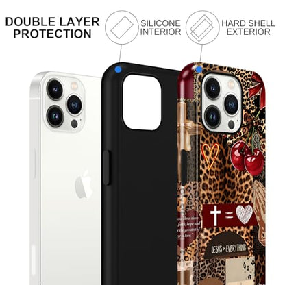 for iPhone 13 Pro 6.1'' Brown Cheetah Christian Phone Case - color: Red Cherry Leopard Collage, size: iPhone 13 Pro