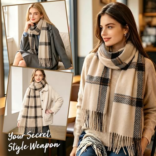 Loritta Winter Scarf for Women, Long Plaid Shawl Wraps Scarves Gifts - color: U-beige Black Striped Lattice