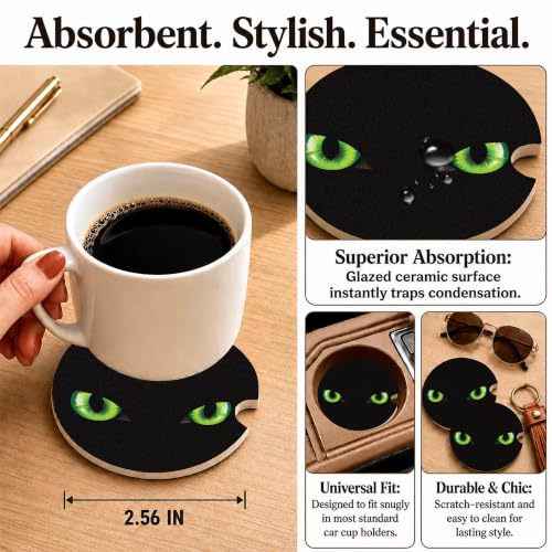 Black Cat Green Eyes Car Coasters, Dark Spooky Gothic Cup Holders, 16 - color: Black Cat Green Eyes