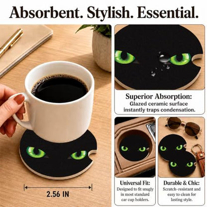 Black Cat Green Eyes Car Coasters, Dark Spooky Gothic Cup Holders, 16 - color: Black Cat Green Eyes