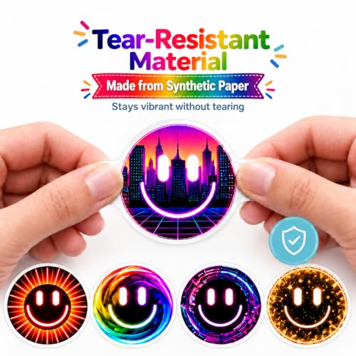 50 Neon Smiley Face Stickers, 2 Inch Waterproof Pack for Water Bottles - color: Neon