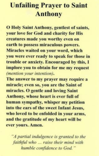 Unfailing Prayer to St. Anthony - Laminated holy card - Pack of 25
