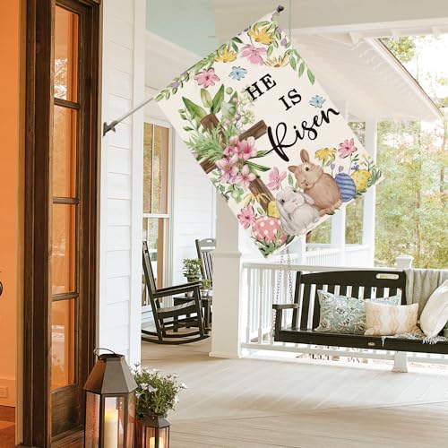 AVOIN colorlife Bunnies Cross He Is Risen Easter House Flag 28x40 Inch - size: House Size-28 x 40"