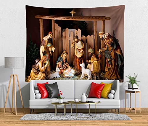 Loccor 106x70 Inches Chritmas Nativity Scene Tapestry Christmas Holy Night Manger Scene Tapestry Wall Hanging Christian Religious Merry Xmas Party Decor for Church Bedroom Living Room Dorm Home Decor - size: 105"L x 70"W