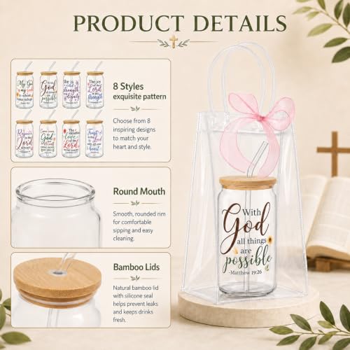 Iced Coffee Mugs, 8 Sets, Glass, 16 oz, Reusable, Floral Bible - color: Bible Verse