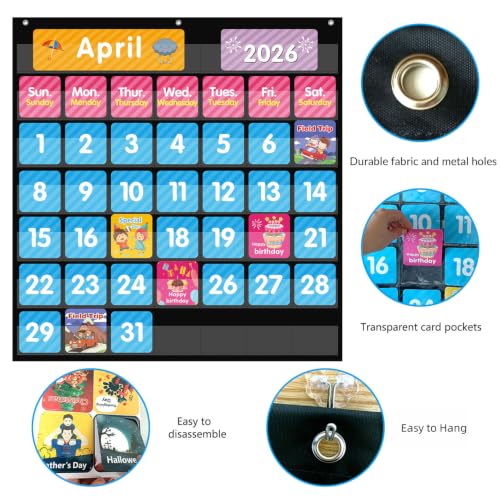 REGELETO Large 44 Pockets Calendar Pocket Chart for Classroom with 85 Cards, Size:25” X 24” Monthly Calendar and Weather Black Pocket Chart for Students Learning for Home or School (44 Pockets) - size: 44 Pockets
